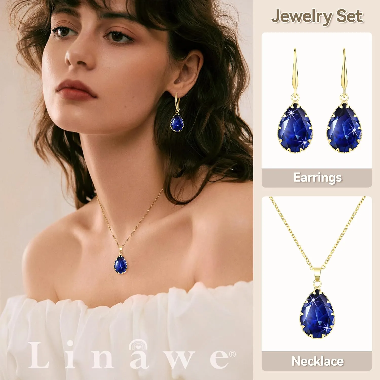 Linawe Crystal Jewelry Sets for Women, Imitation Diamond Pendant Necklace, Rhinestone Drop Dangle Earrings, Birthstone Cubic Zirconia Matching Wedding Jewelry, 14K Gold/Rose Gold/Silver Tones