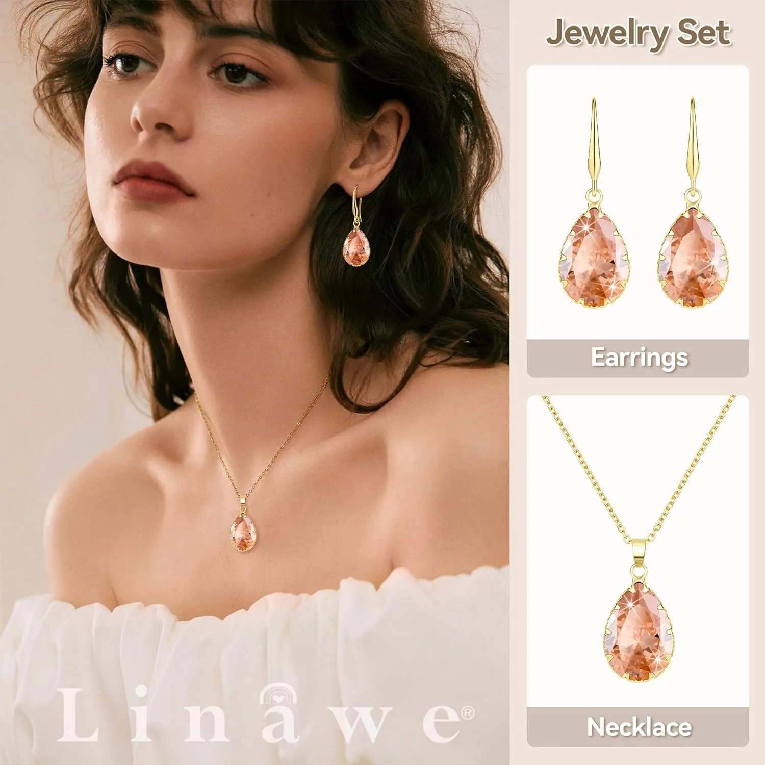 Linawe Crystal Jewelry Sets for Women, Imitation Diamond Pendant Necklace, Rhinestone Drop Dangle Earrings, Birthstone Cubic Zirconia Matching Wedding Jewelry, 14K Gold/Rose Gold/Silver Tones