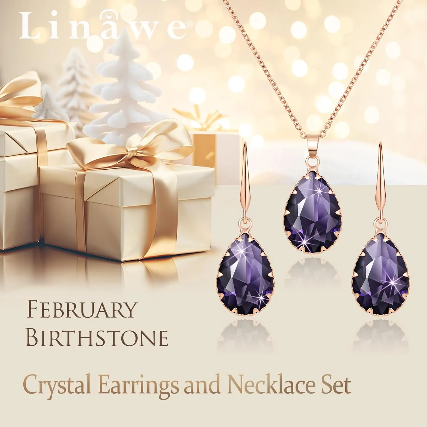Linawe Crystal Jewelry Sets for Women, Imitation Diamond Pendant Necklace, Rhinestone Drop Dangle Earrings, Birthstone Cubic Zirconia Matching Wedding Jewelry, 14K Gold/Rose Gold/Silver Tones