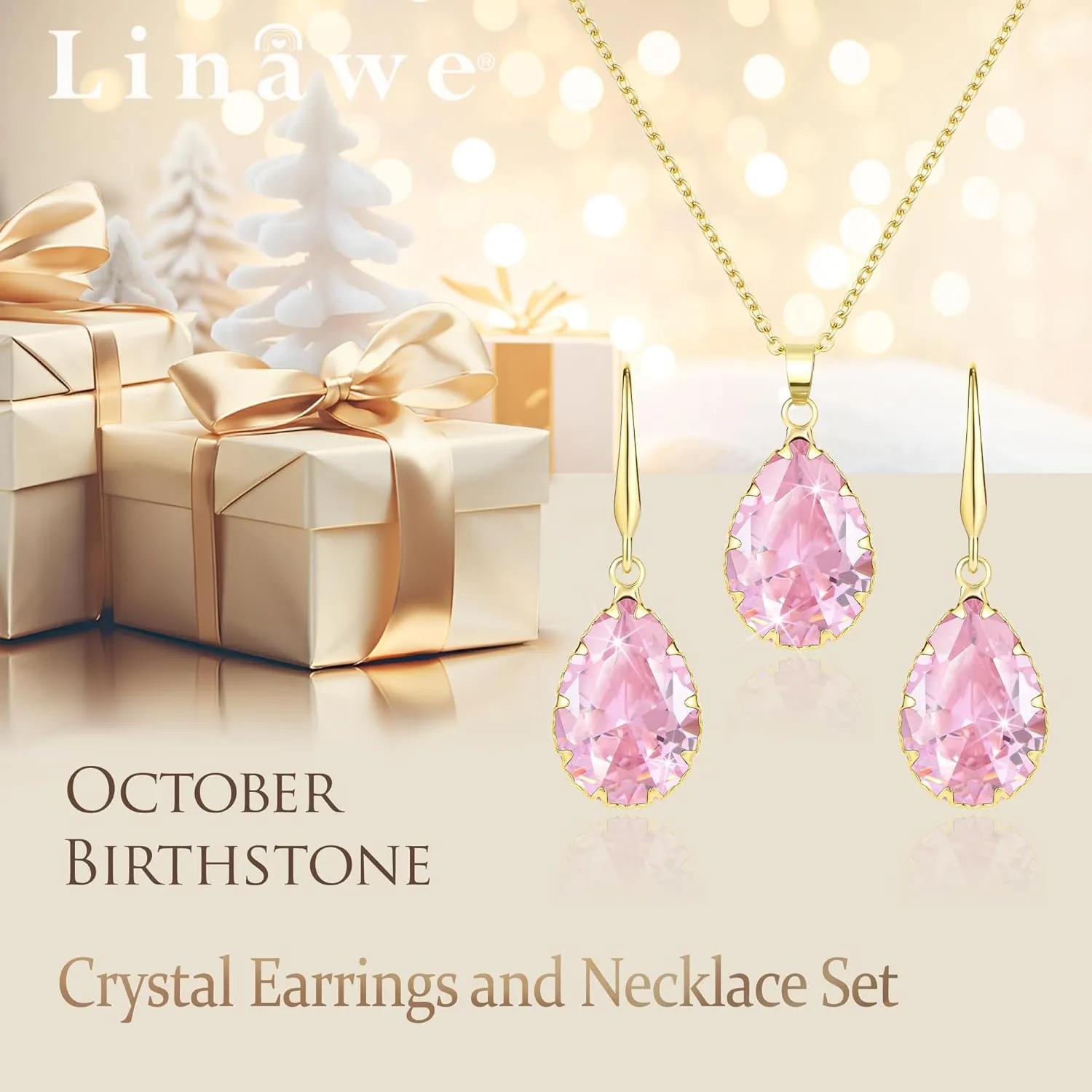 Linawe Crystal Jewelry Sets for Women, Imitation Diamond Pendant Necklace, Rhinestone Drop Dangle Earrings, Birthstone Cubic Zirconia Matching Wedding Jewelry, 14K Gold/Rose Gold/Silver Tones