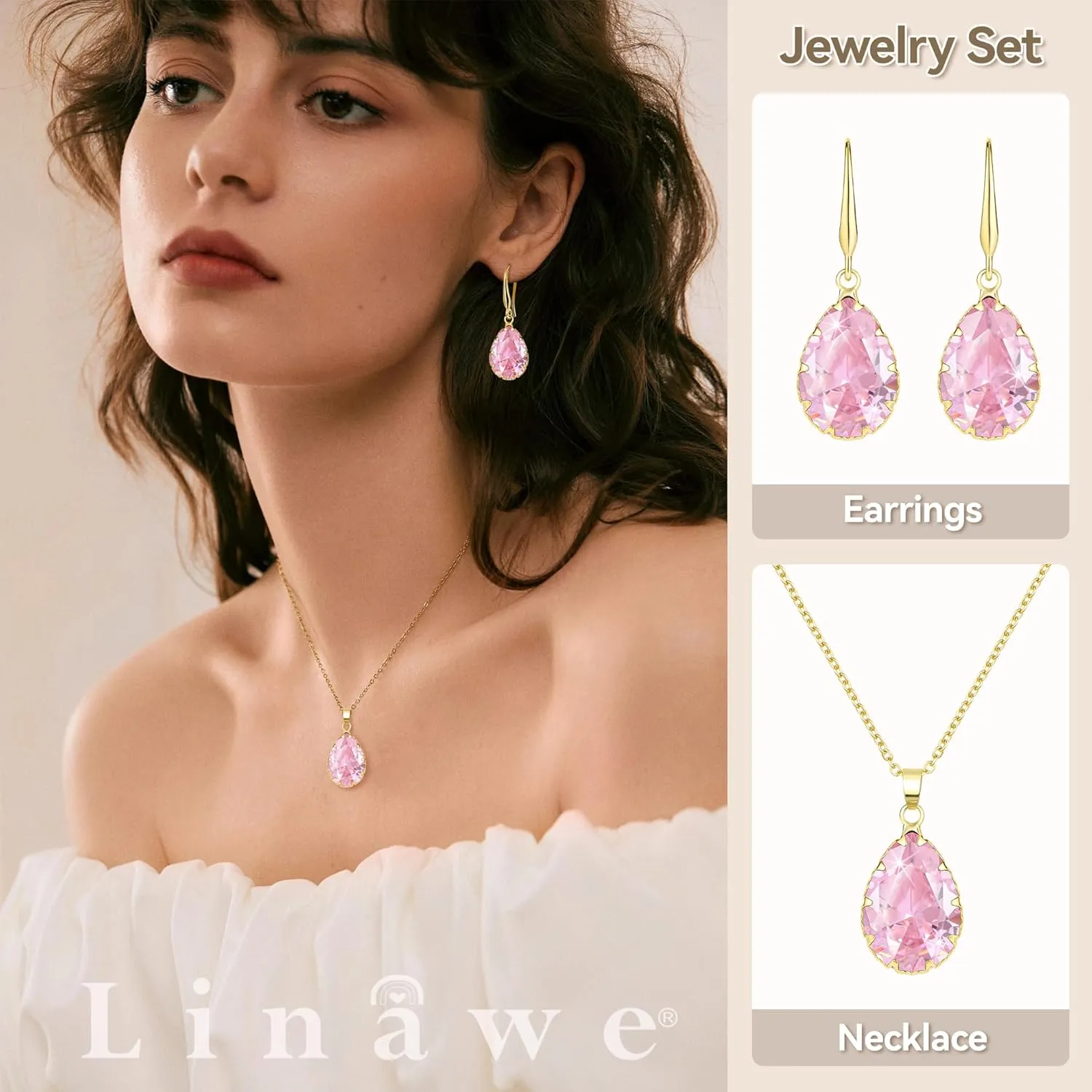 Linawe Crystal Jewelry Sets for Women, Imitation Diamond Pendant Necklace, Rhinestone Drop Dangle Earrings, Birthstone Cubic Zirconia Matching Wedding Jewelry, 14K Gold/Rose Gold/Silver Tones