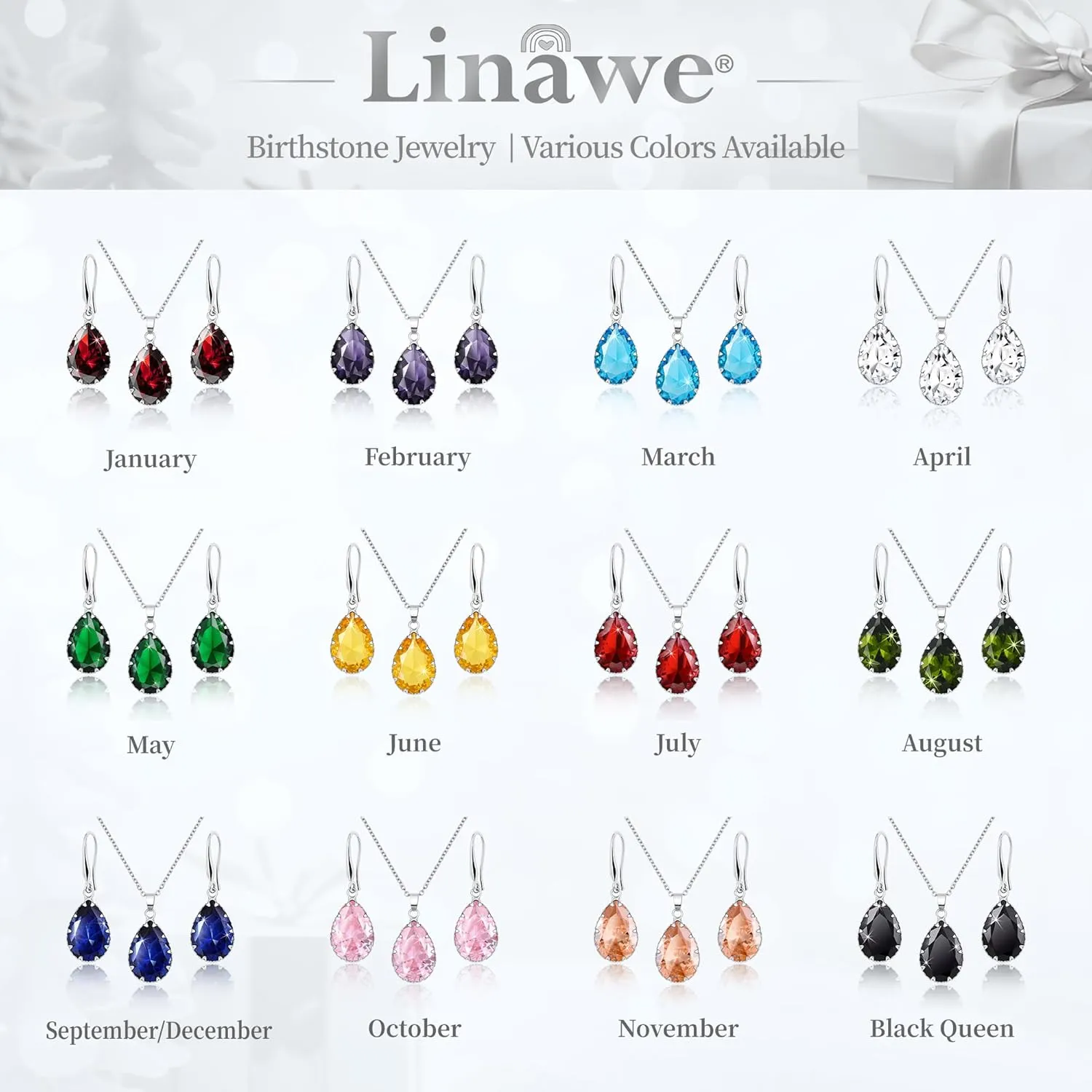 Linawe Crystal Jewelry Sets for Women, Imitation Diamond Pendant Necklace, Rhinestone Drop Dangle Earrings, Birthstone Cubic Zirconia Matching Wedding Jewelry, 14K Gold/Rose Gold/Silver Tones