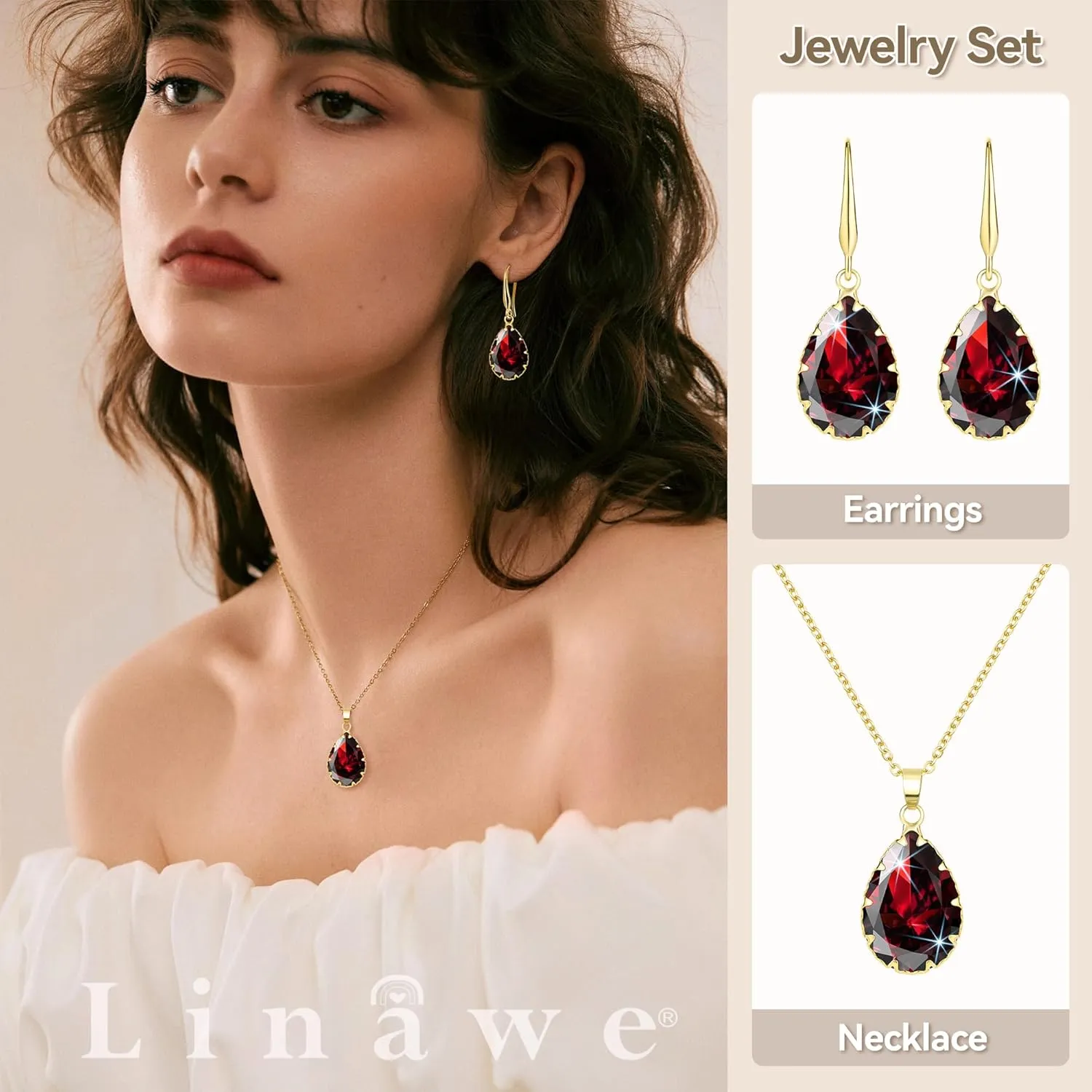 Linawe Crystal Jewelry Sets for Women, Imitation Diamond Pendant Necklace, Rhinestone Drop Dangle Earrings, Birthstone Cubic Zirconia Matching Wedding Jewelry, 14K Gold/Rose Gold/Silver Tones