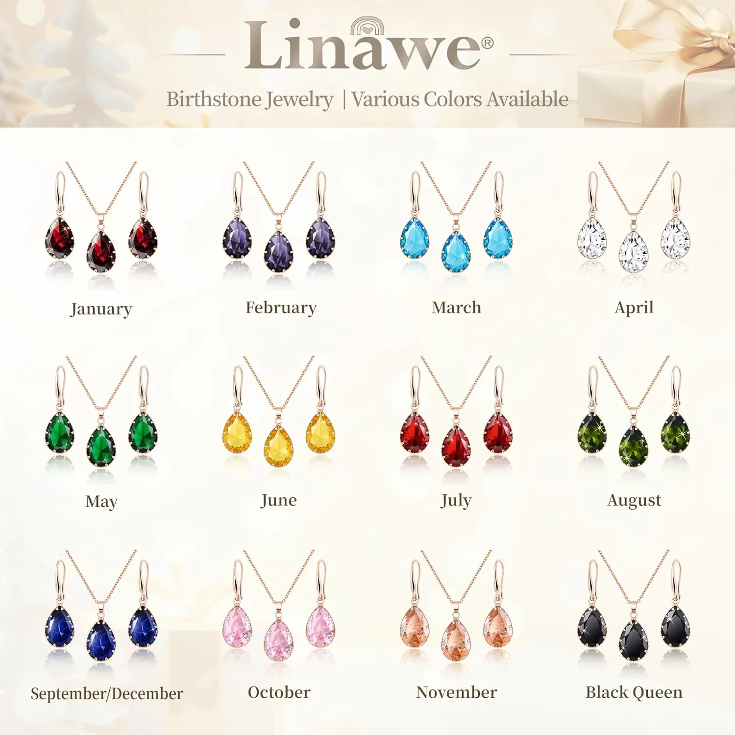 Linawe Crystal Jewelry Sets for Women, Imitation Diamond Pendant Necklace, Rhinestone Drop Dangle Earrings, Birthstone Cubic Zirconia Matching Wedding Jewelry, 14K Gold/Rose Gold/Silver Tones