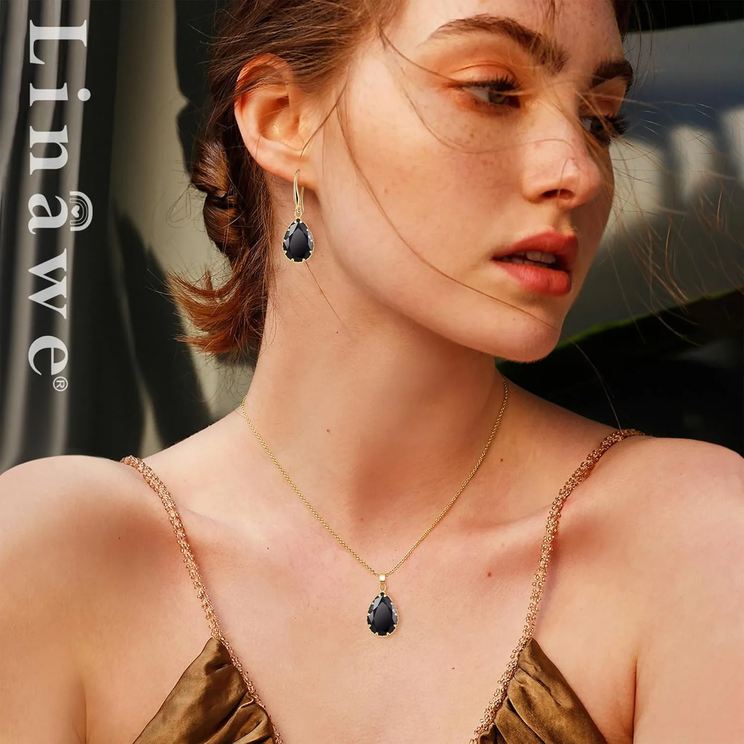 Linawe Crystal Jewelry Sets for Women, Imitation Diamond Pendant Necklace, Rhinestone Drop Dangle Earrings, Birthstone Cubic Zirconia Matching Wedding Jewelry, 14K Gold/Rose Gold/Silver Tones
