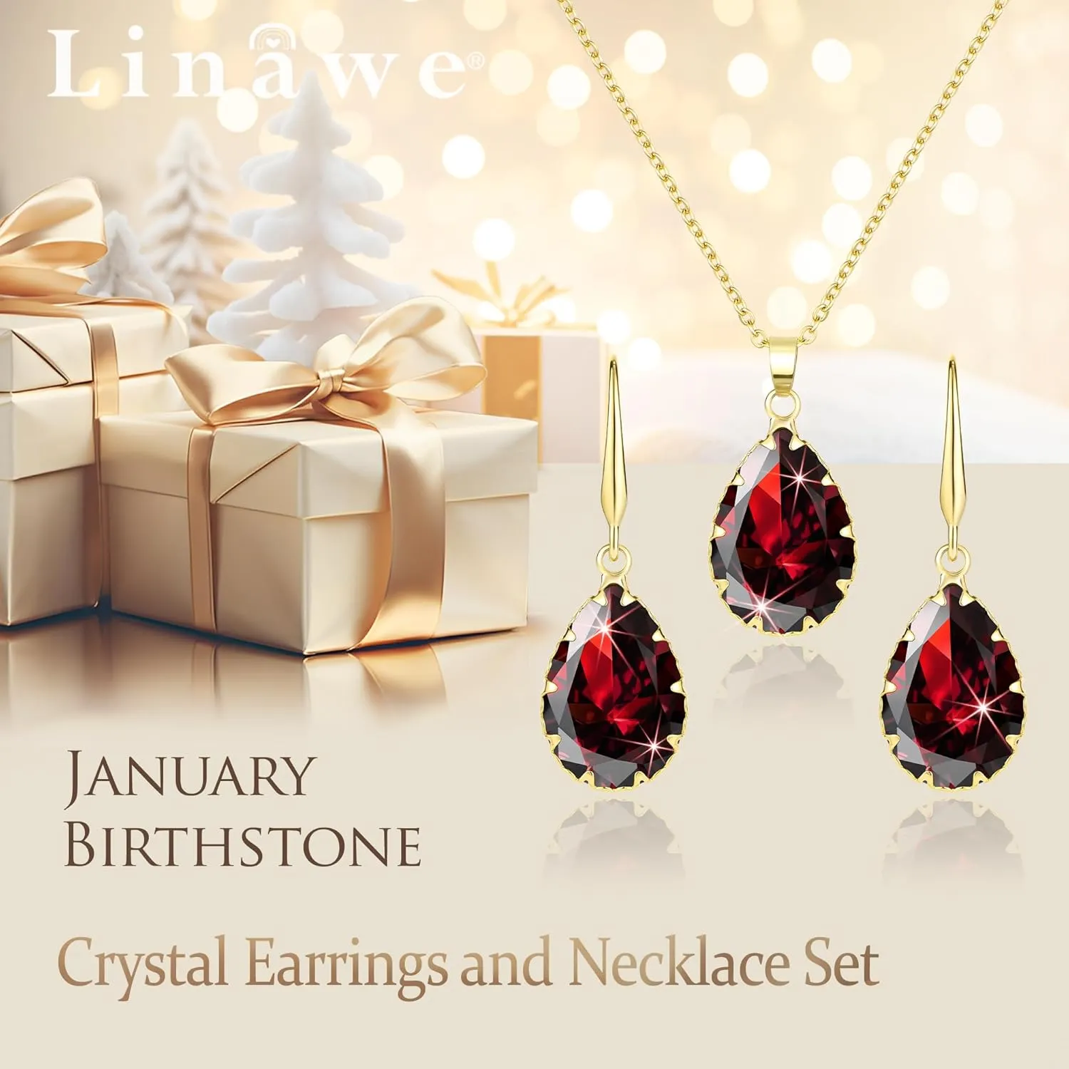 Linawe Crystal Jewelry Sets for Women, Imitation Diamond Pendant Necklace, Rhinestone Drop Dangle Earrings, Birthstone Cubic Zirconia Matching Wedding Jewelry, 14K Gold/Rose Gold/Silver Tones