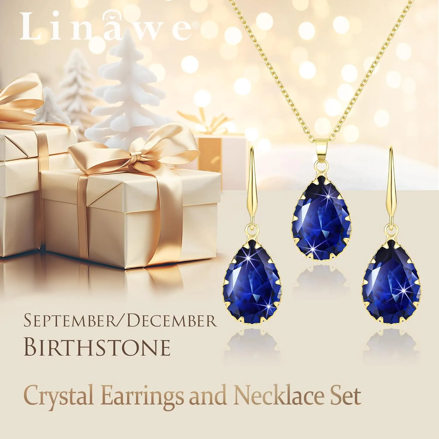 Linawe Crystal Jewelry Sets for Women, Imitation Diamond Pendant Necklace, Rhinestone Drop Dangle Earrings, Birthstone Cubic Zirconia Matching Wedding Jewelry, 14K Gold/Rose Gold/Silver Tones