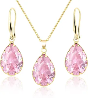 Linawe Crystal Jewelry Sets for Women, Imitation Diamond Pendant Necklace, Rhinestone Drop Dangle Earrings, Birthstone Cubic Zirconia Matching Wedding Jewelry, 14K Gold/Rose Gold/Silver Tones