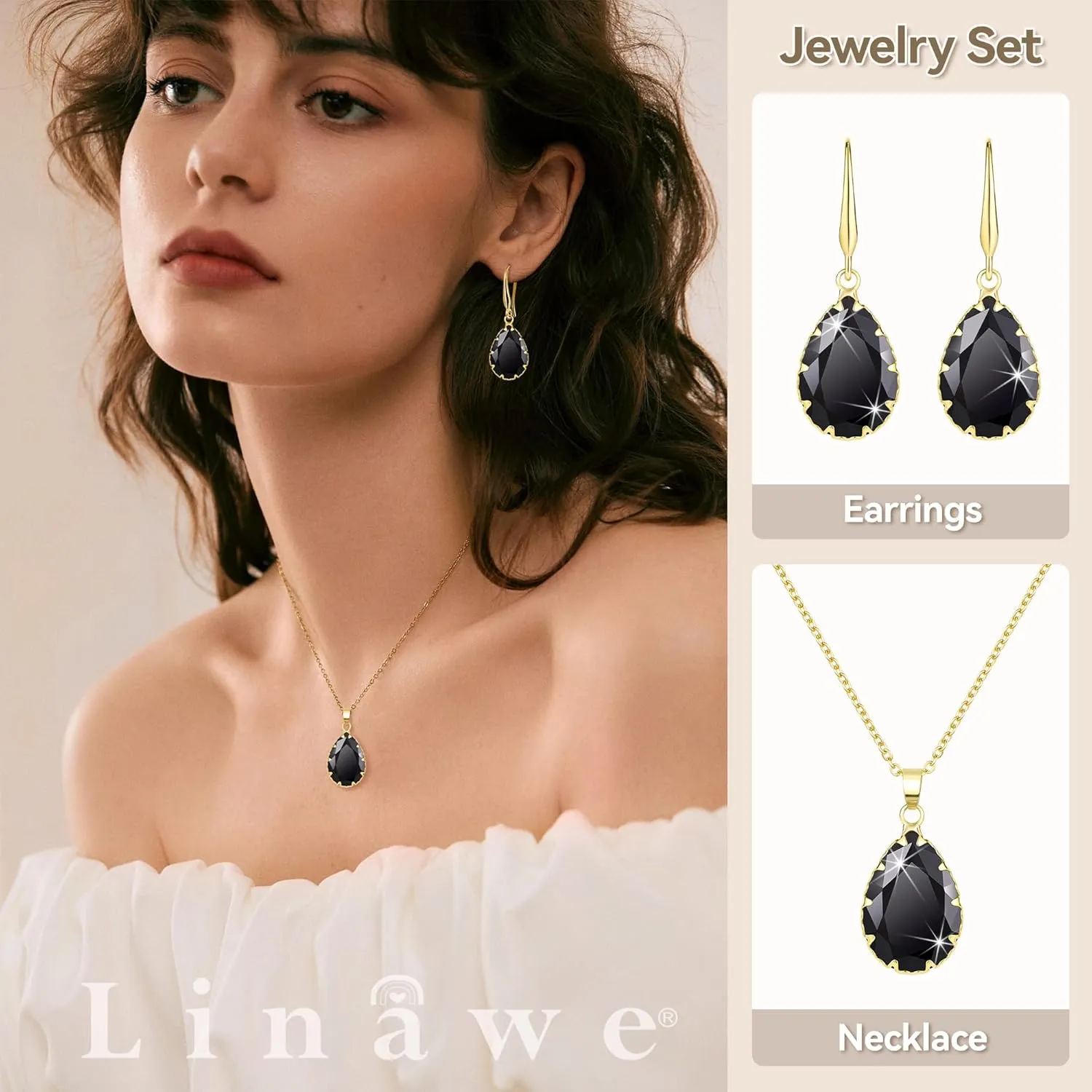Linawe Crystal Jewelry Sets for Women, Imitation Diamond Pendant Necklace, Rhinestone Drop Dangle Earrings, Birthstone Cubic Zirconia Matching Wedding Jewelry, 14K Gold/Rose Gold/Silver Tones