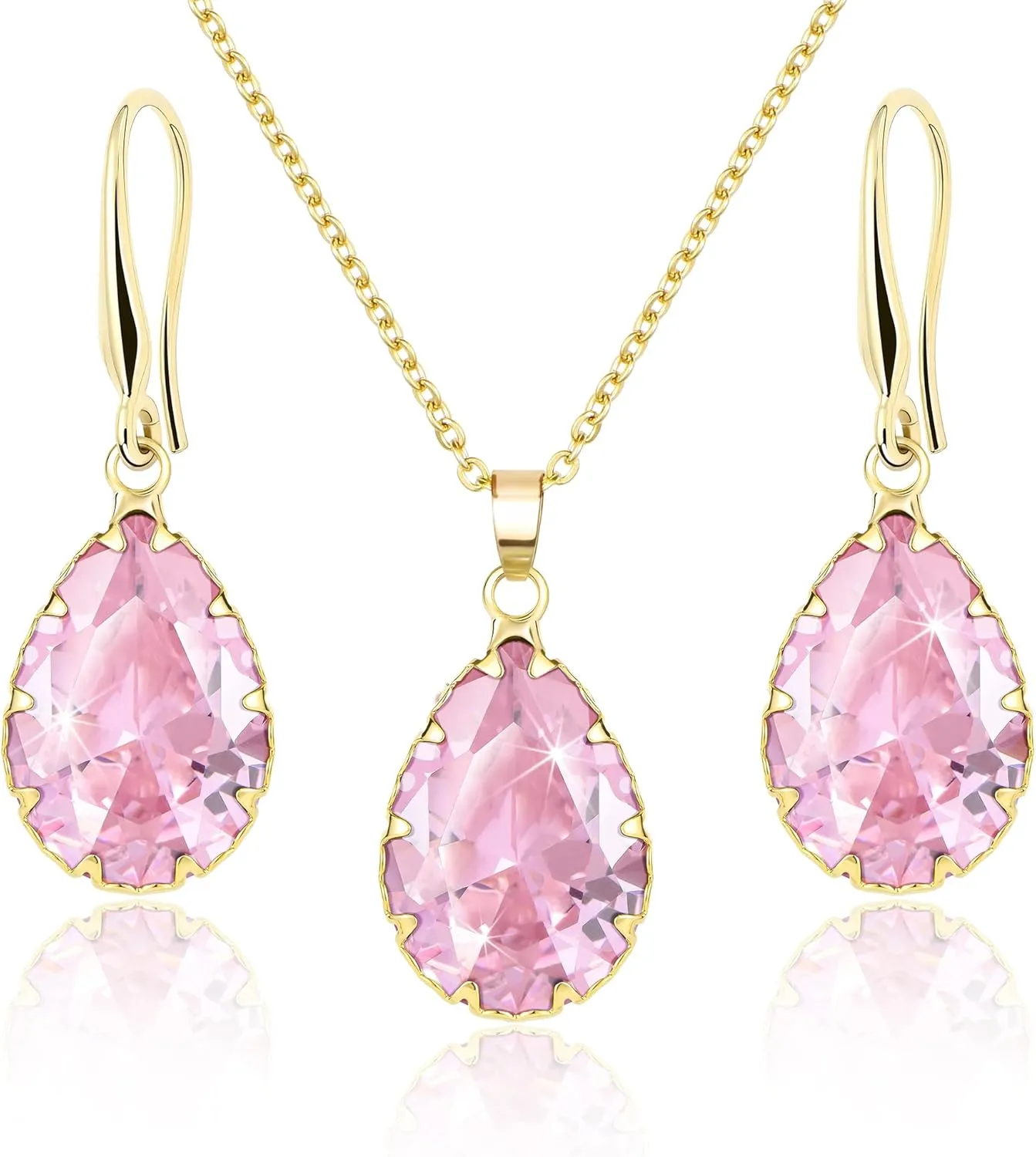 Linawe Crystal Jewelry Sets for Women, Imitation Diamond Pendant Necklace, Rhinestone Drop Dangle Earrings, Birthstone Cubic Zirconia Matching Wedding Jewelry, 14K Gold/Rose Gold/Silver Tones