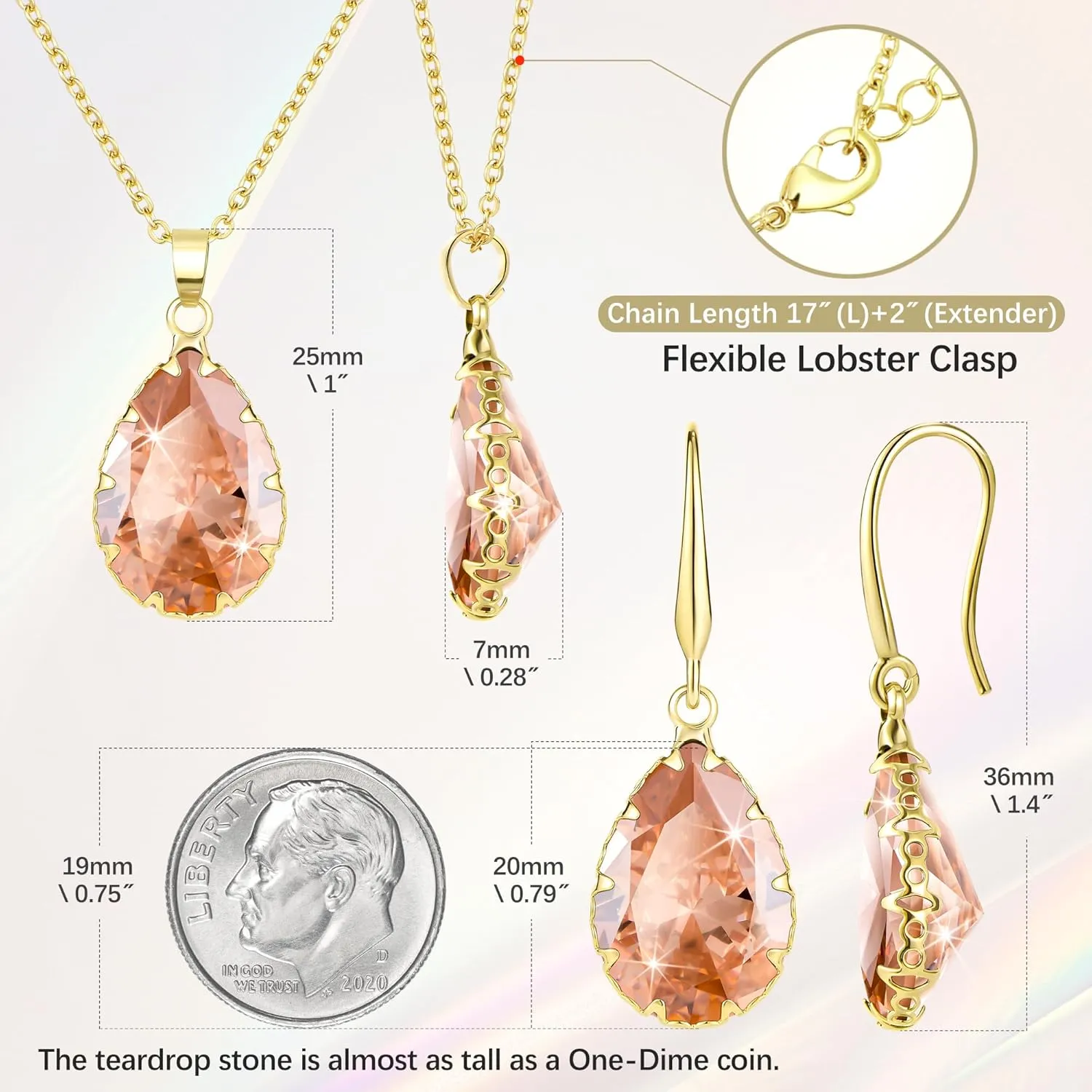 Linawe Crystal Jewelry Sets for Women, Imitation Diamond Pendant Necklace, Rhinestone Drop Dangle Earrings, Birthstone Cubic Zirconia Matching Wedding Jewelry, 14K Gold/Rose Gold/Silver Tones
