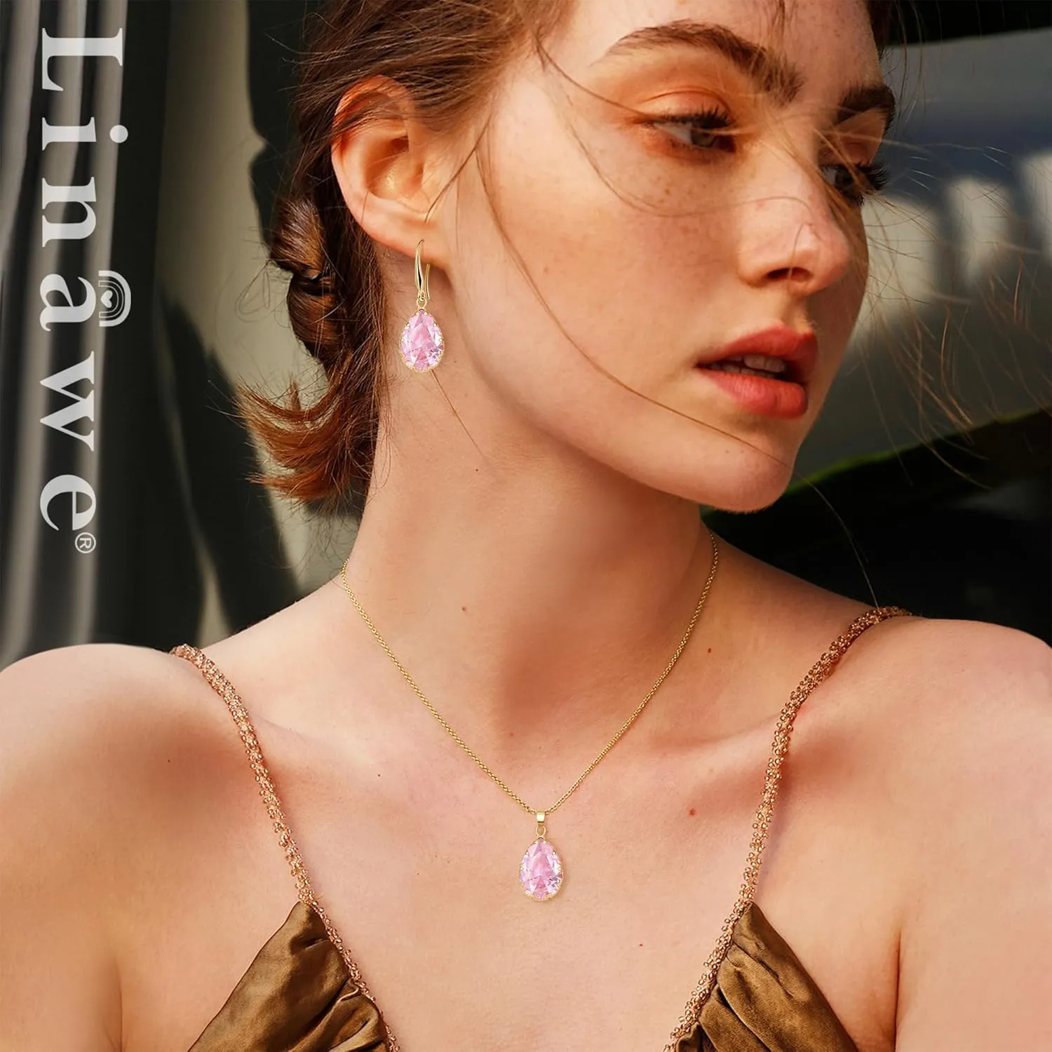 Linawe Crystal Jewelry Sets for Women, Imitation Diamond Pendant Necklace, Rhinestone Drop Dangle Earrings, Birthstone Cubic Zirconia Matching Wedding Jewelry, 14K Gold/Rose Gold/Silver Tones
