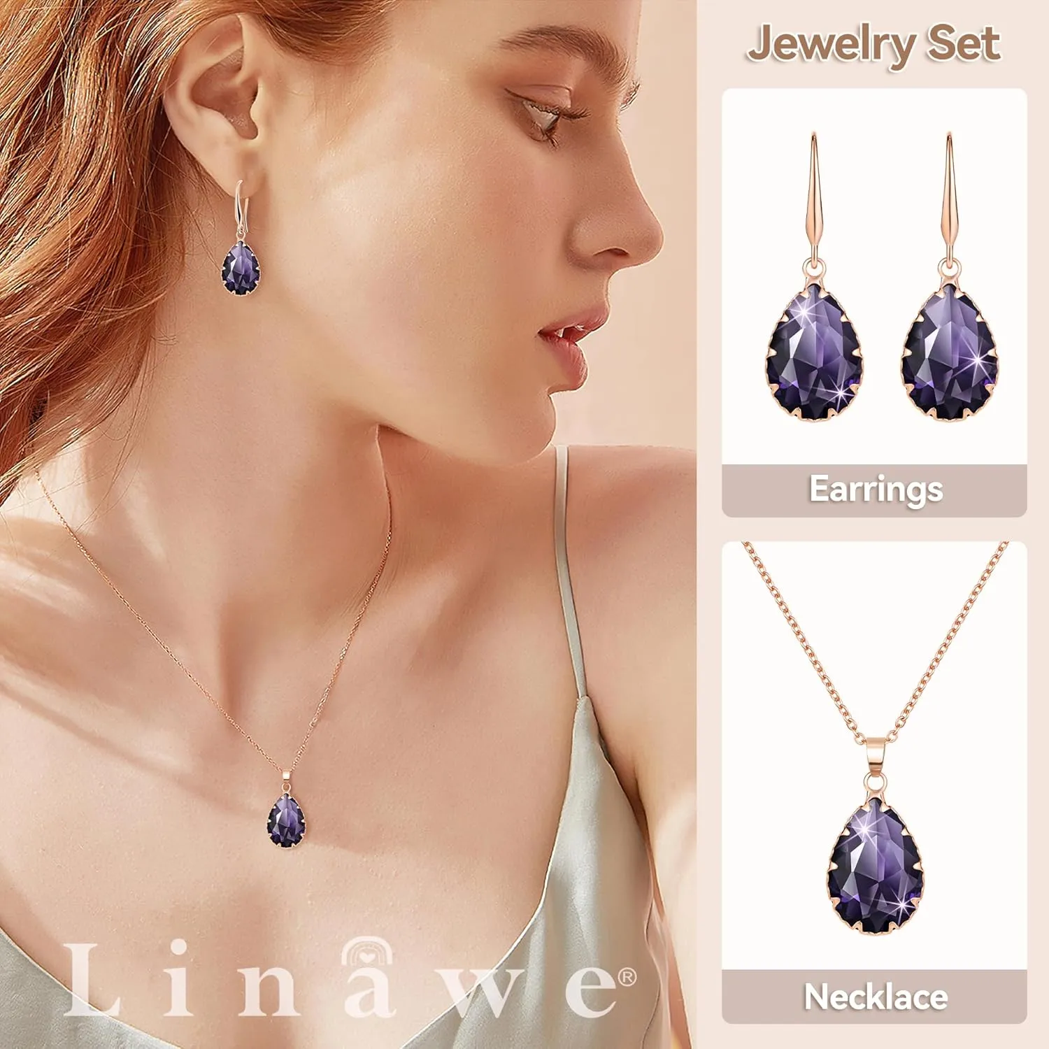 Linawe Crystal Jewelry Sets for Women, Imitation Diamond Pendant Necklace, Rhinestone Drop Dangle Earrings, Birthstone Cubic Zirconia Matching Wedding Jewelry, 14K Gold/Rose Gold/Silver Tones