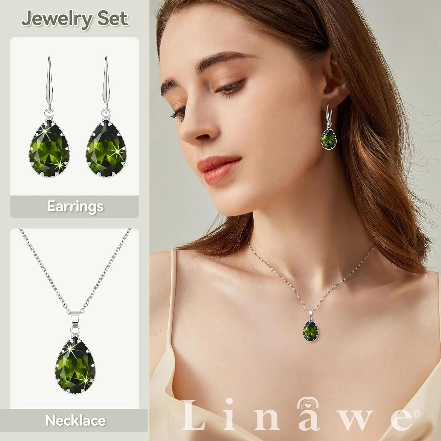 Linawe Crystal Jewelry Sets for Women, Imitation Diamond Pendant Necklace, Rhinestone Drop Dangle Earrings, Birthstone Cubic Zirconia Matching Wedding Jewelry, 14K Gold/Rose Gold/Silver Tones