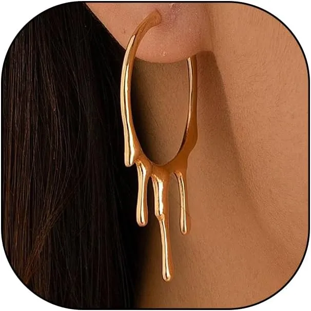 Liquid Drip Hoop Statement Earrings for Women 14K Gold Fashion Irregular Waterdrop Dangle Earrings Minimalist Exaggerated Round Metal Earrings Jewelry
