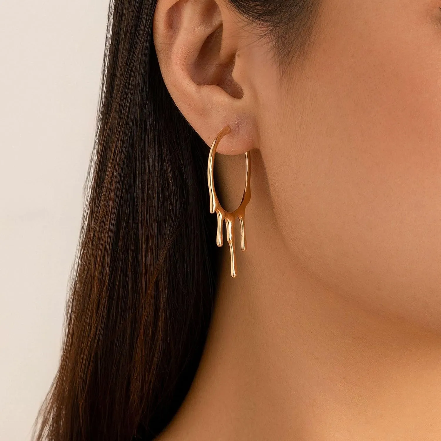 Liquid Drip Hoop Statement Earrings for Women 14K Gold Fashion Irregular Waterdrop Dangle Earrings Minimalist Exaggerated Round Metal Earrings Jewelry