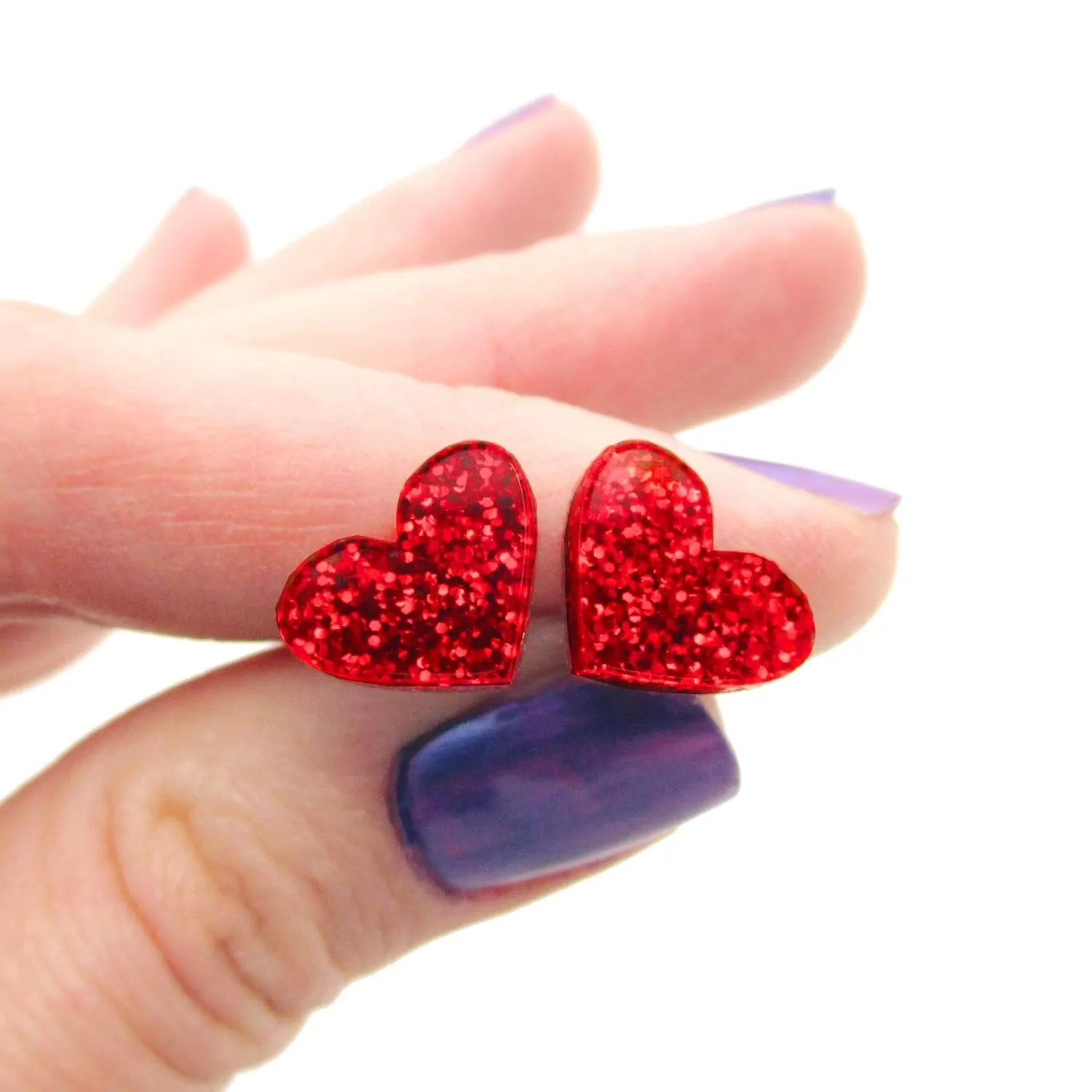 Little Red Glitter Heart Stud Earrings with Hypoallergenic Nickel Free Titanium Posts