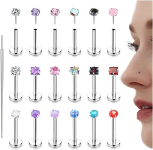 LOLIAS 18PCS Threadless Nose Rings Studs for Women Men 20G 18G 16G Hypoallergenic Surgical Stainless Steel Labret Lip Rings CZ Opal Push in Earrings Flat Back Nose Stud Cartilage Nostril Conch Helix Tragus Piercing Jewelry