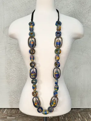Long Recycled Fabric Shapes Necklace, Yellow/Blue