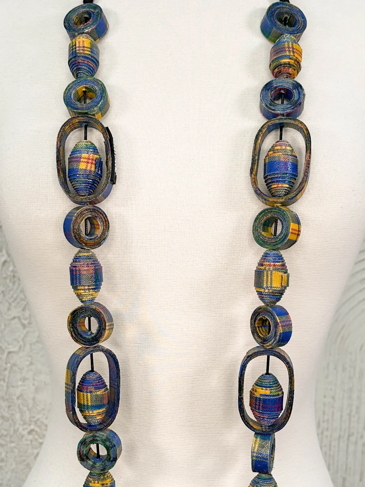 Long Recycled Fabric Shapes Necklace, Yellow/Blue