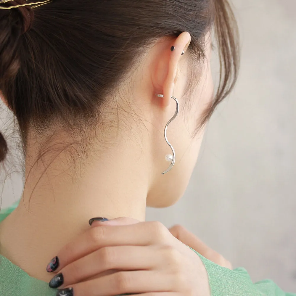Long Wavy Bar Pearl Earrings