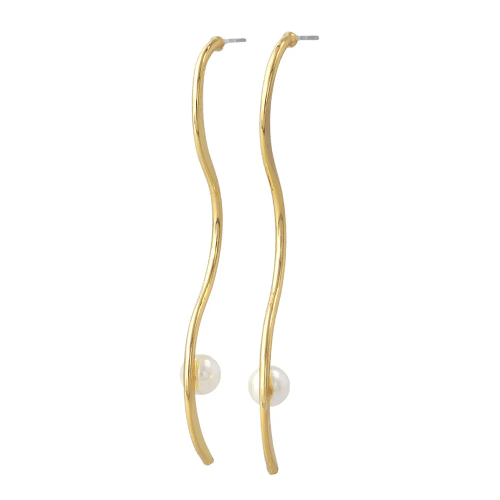 Long Wavy Bar Pearl Earrings