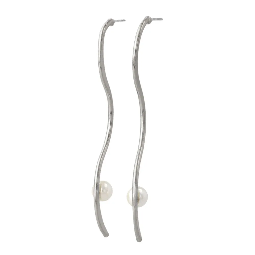 Long Wavy Bar Pearl Earrings