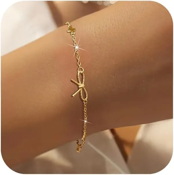 LOVECOM 14K Gold Plated Bow Charm Bracelet for Women 925 Sterling Silver Cute CZ Lucky Bow Knot Link Chain Bracelet Trendy Friendship Bracelets Birthday Jewelry Gifts for Girlfriend Mom