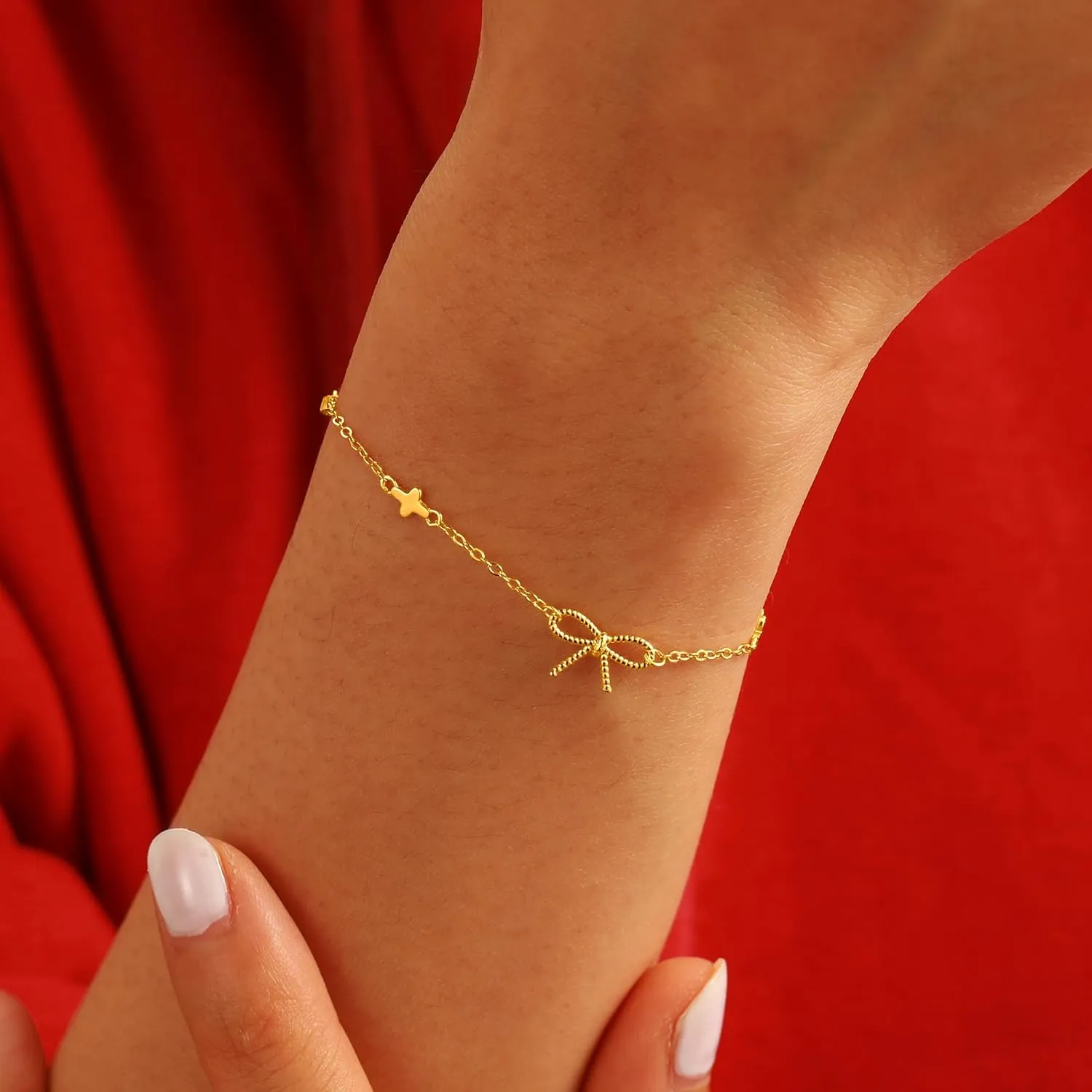 LOVECOM 14K Gold Plated Bow Charm Bracelet for Women 925 Sterling Silver Cute CZ Lucky Bow Knot Link Chain Bracelet Trendy Friendship Bracelets Birthday Jewelry Gifts for Girlfriend Mom