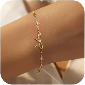 LOVECOM 14K Gold Plated Bow Charm Bracelet for Women 925 Sterling Silver Cute CZ Lucky Bow Knot Link Chain Bracelet Trendy Friendship Bracelets Birthday Jewelry Gifts for Girlfriend Mom
