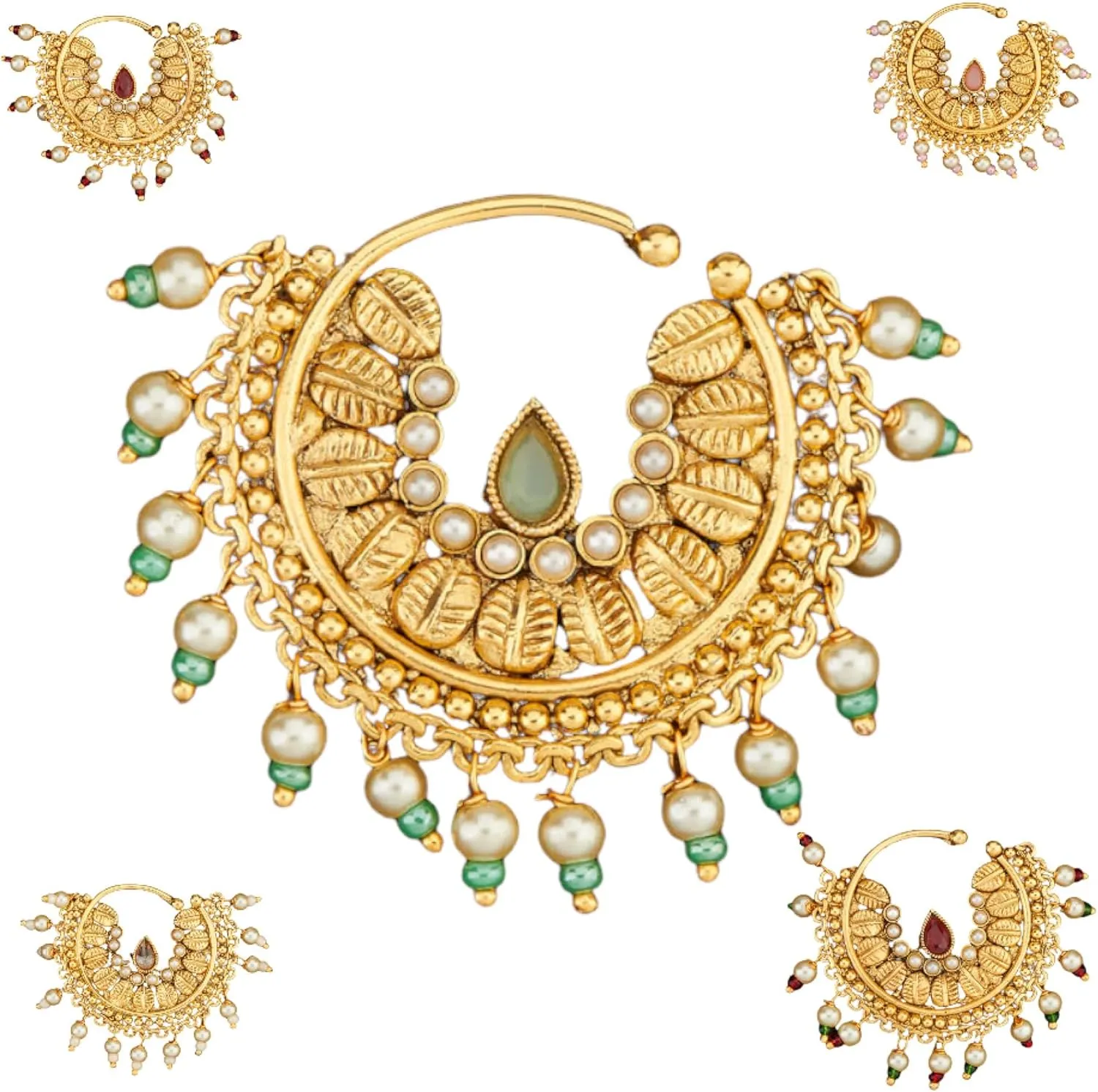 LoveNspire Indian Marathi Nath for Women - Antique Golden Pressing Loop Marathi Nose Ring Indian Jewelry Clip-On Marathi Bridal Nathani Bollywood Faux Pearl Non-Piercing Jewelry for Women Gift For Her