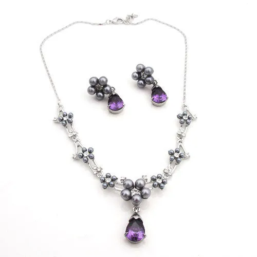 LUX Silver Gray Pearl and Violet Swarovski Teardop Necklace Earrings Set