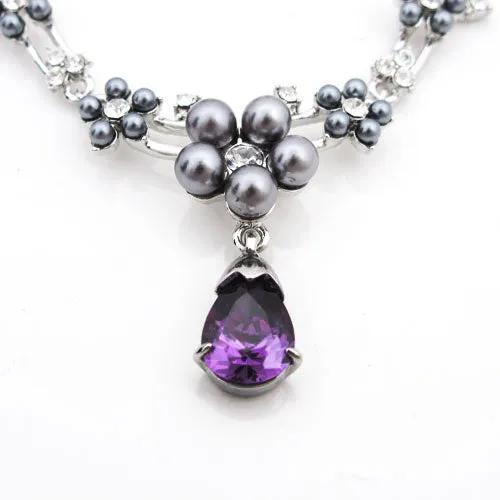 LUX Silver Gray Pearl and Violet Swarovski Teardop Necklace Earrings Set