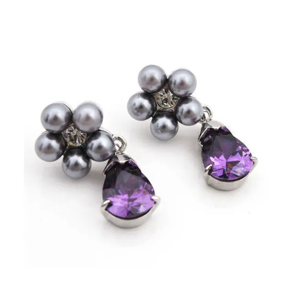 LUX Silver Gray Pearl and Violet Swarovski Teardop Necklace Earrings Set