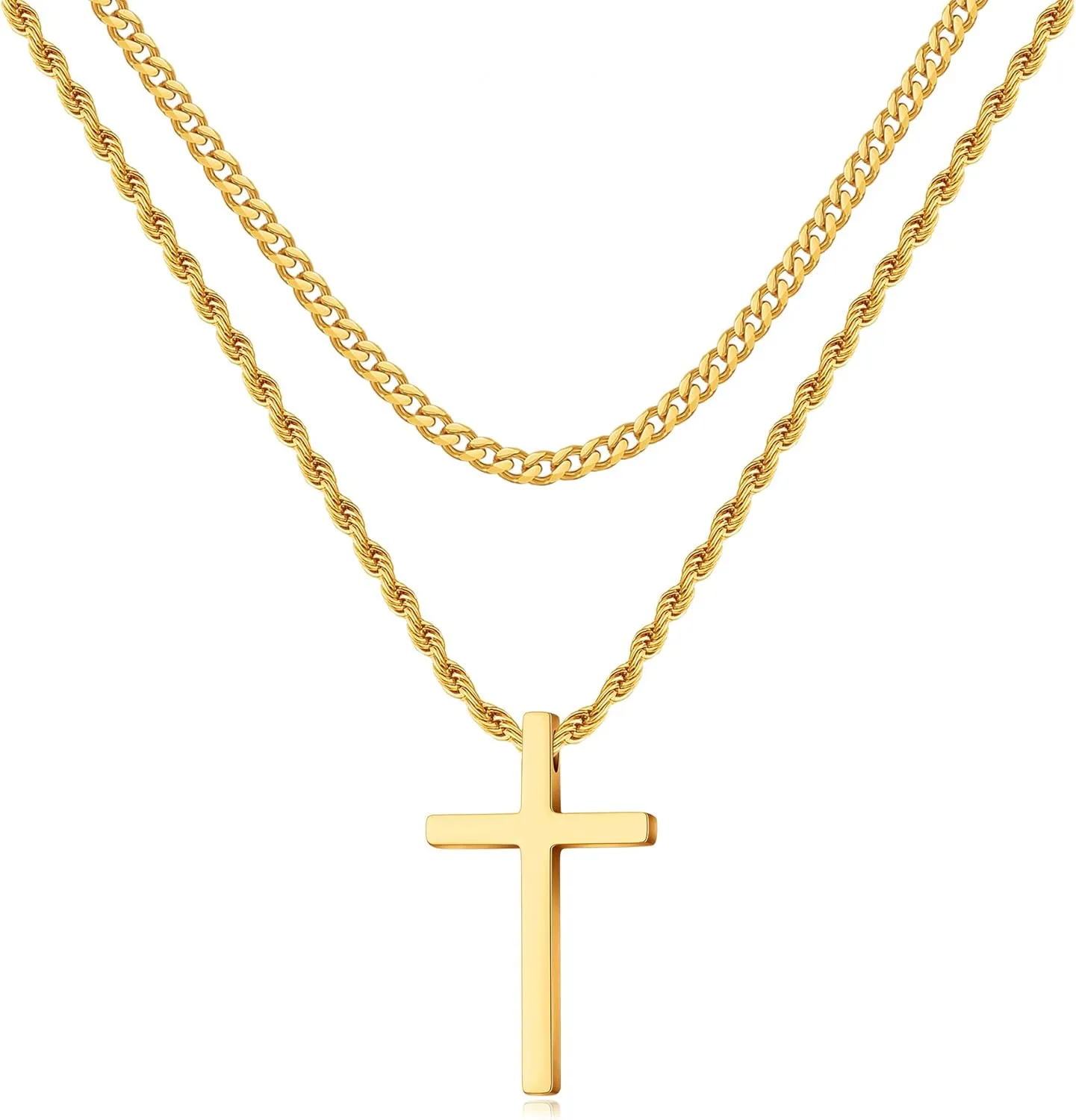 LUXEJEW Gold Cross Necklace for Men, Mens Necklace Stainless Steel Cuban Link Chain Rope Chain Cross Pendant Necklaces for Men 18 Inches Baptism Communion Confirmation Christian Jewelry Gifts