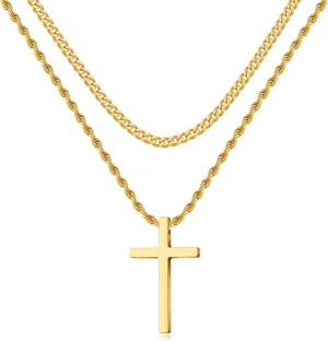 LUXEJEW Gold Cross Necklace for Men, Mens Necklace Stainless Steel Cuban Link Chain Rope Chain Cross Pendant Necklaces for Men 22 Inches Baptism Communion Confirmation Christian Jewelry Gifts