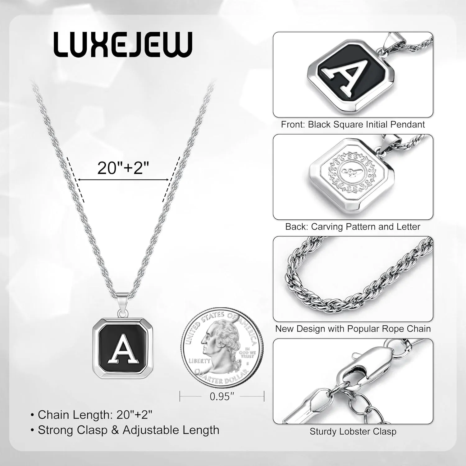 LUXEJEW Initial A-Z Letter Necklace for Men Boys Women - Stainless Steel Rope Chain Letter Pendant Necklaces Capital Monogram Necklace Jewelry Gifts for Men 20 2 Inches