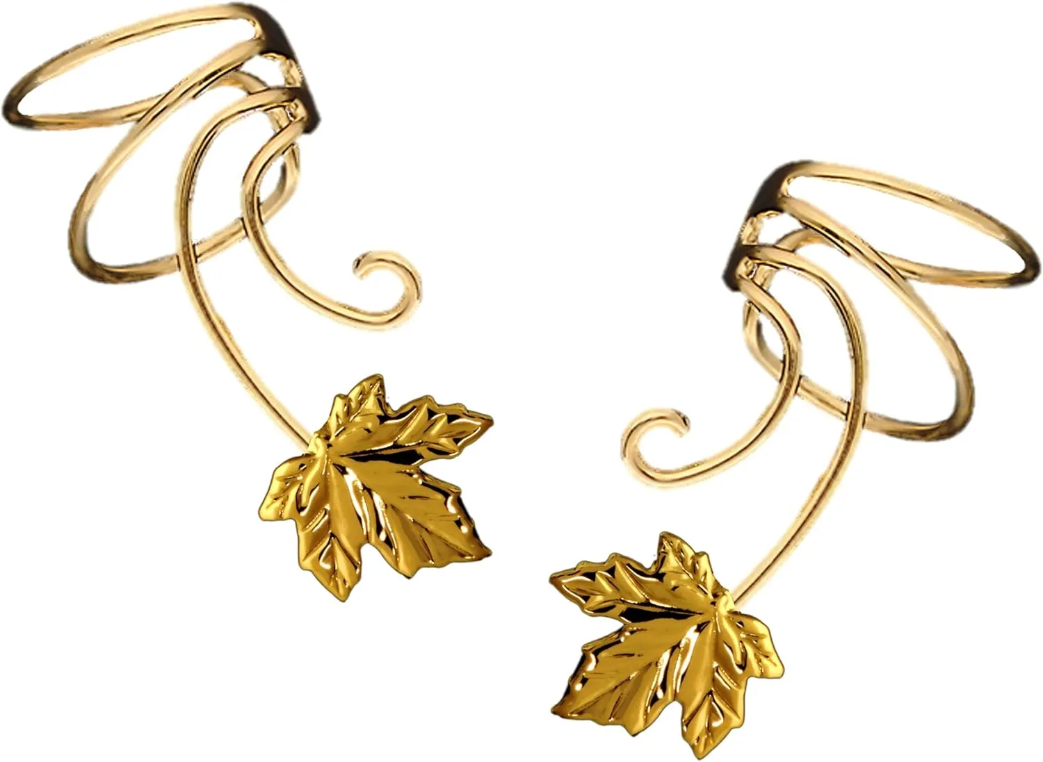 Maple Leaf Pair Gold On 925 Sterling Non-pierced Wave Ear Cuff Earrings