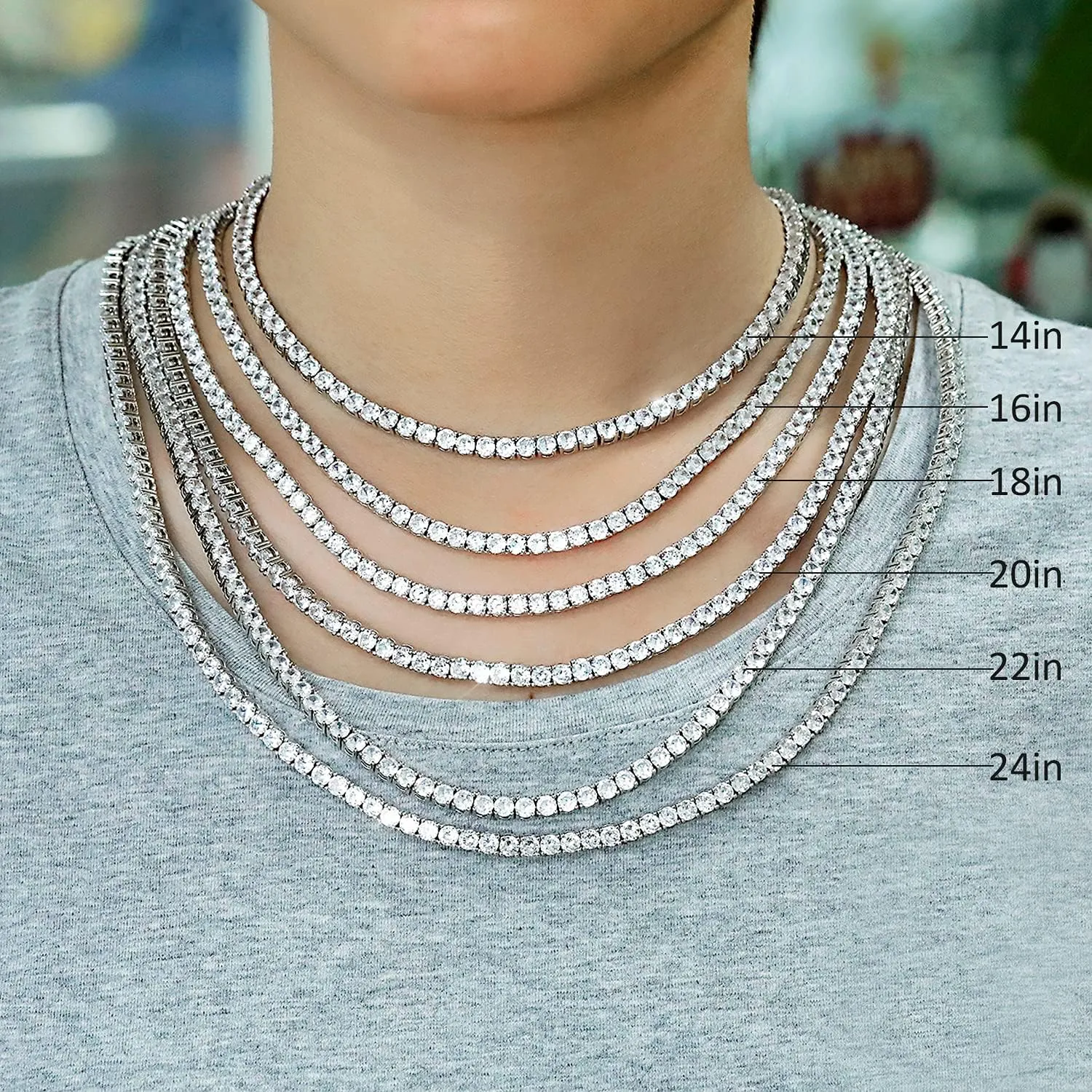 MDFUN Tennis Necklace 18K White Gold Plated | 5.0-6.0mm Round Cubic Zirconia Cut Faux Diamond Tennis Chain for Women and Men 14-24 inches
