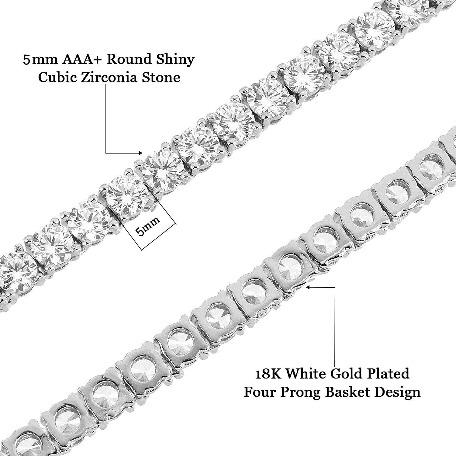MDFUN Tennis Necklace 18K White Gold Plated | 5.0-6.0mm Round Cubic Zirconia Cut Faux Diamond Tennis Chain for Women and Men 14-24 inches