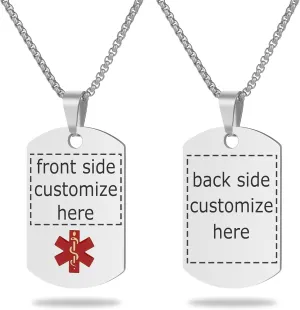 Medical Alert Necklace Laser engraved Tag Custom Engraving Stainless Steel ID Tag Pendant for Men Women