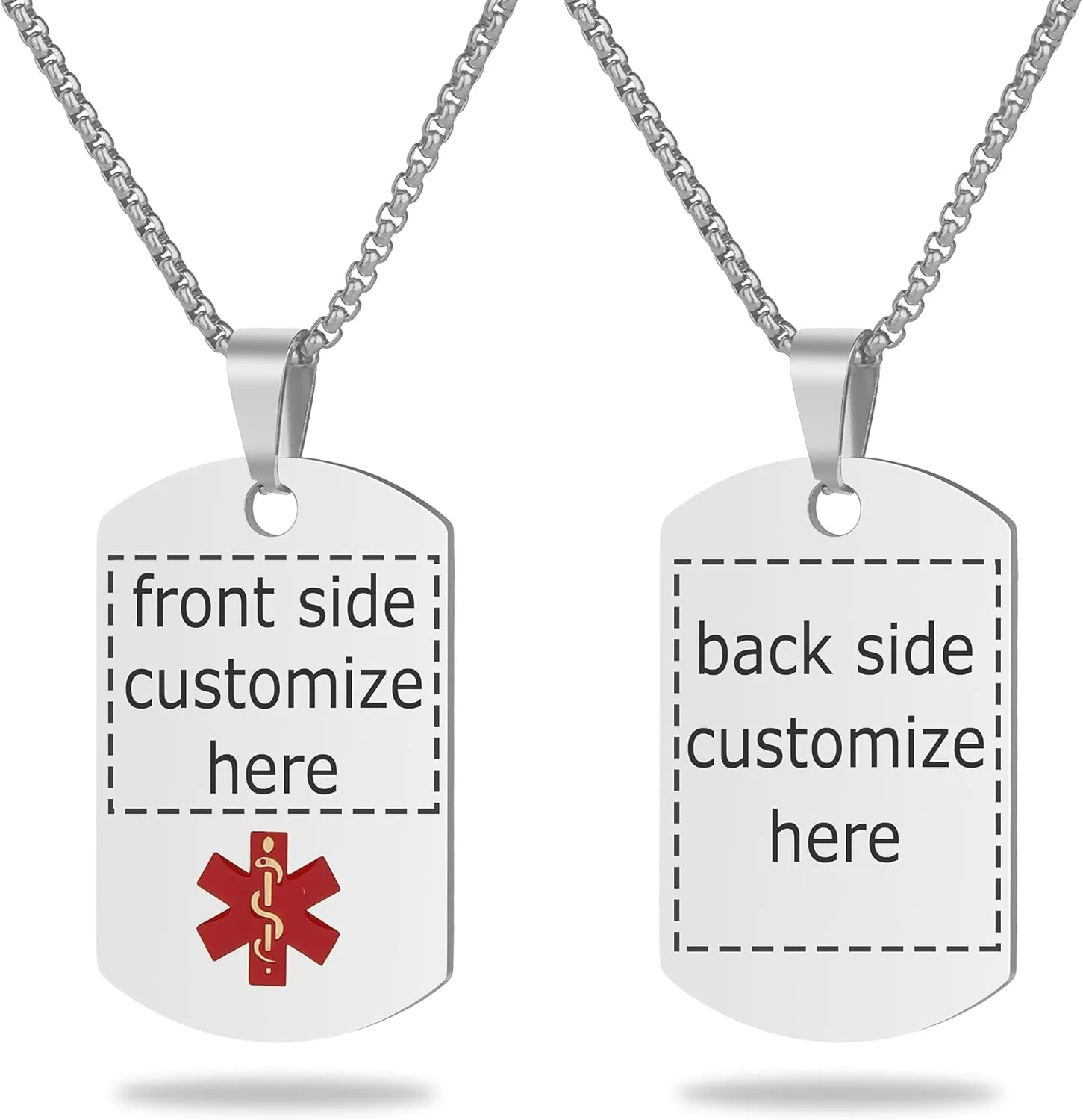 Medical Alert Necklace Laser engraved Tag Custom Engraving Stainless Steel ID Tag Pendant for Men Women