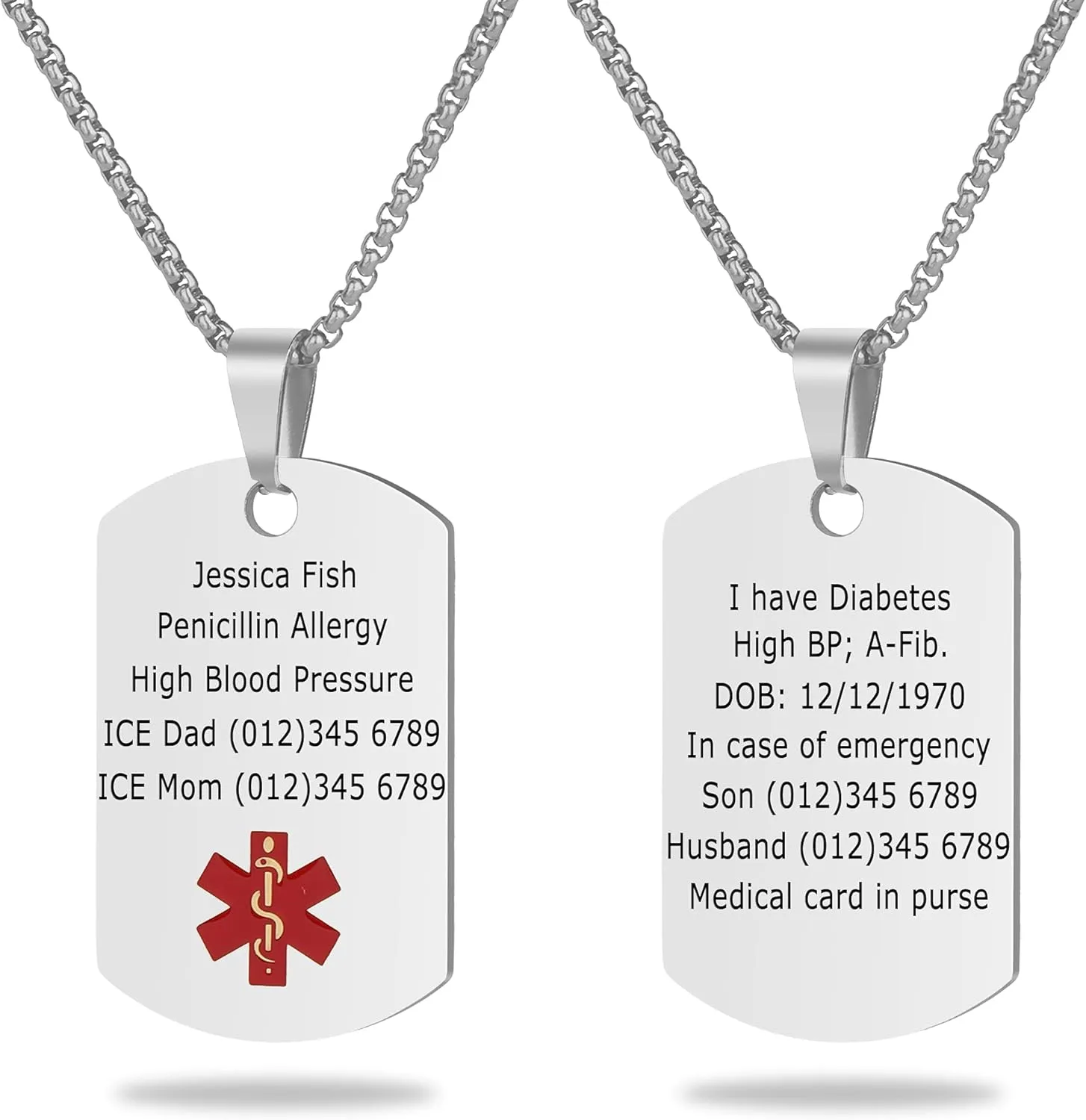 Medical Alert Necklace Laser engraved Tag Custom Engraving Stainless Steel ID Tag Pendant for Men Women