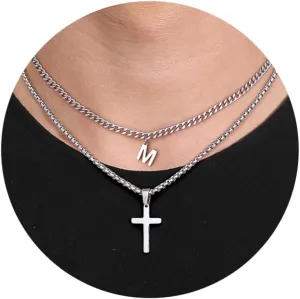 Memorjew Cross Necklace for Men, Stainless Steel Silver Layered Initial Letter Pendant With Cuban Link Chain - Jewelry Gifts