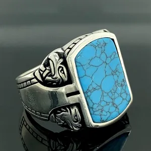 Men Handmade Silver Ring, Turquoise Stone, Natural Turquoise Gemstone Ring, Handcrafted Ottoman Men Ring, Gift for Him