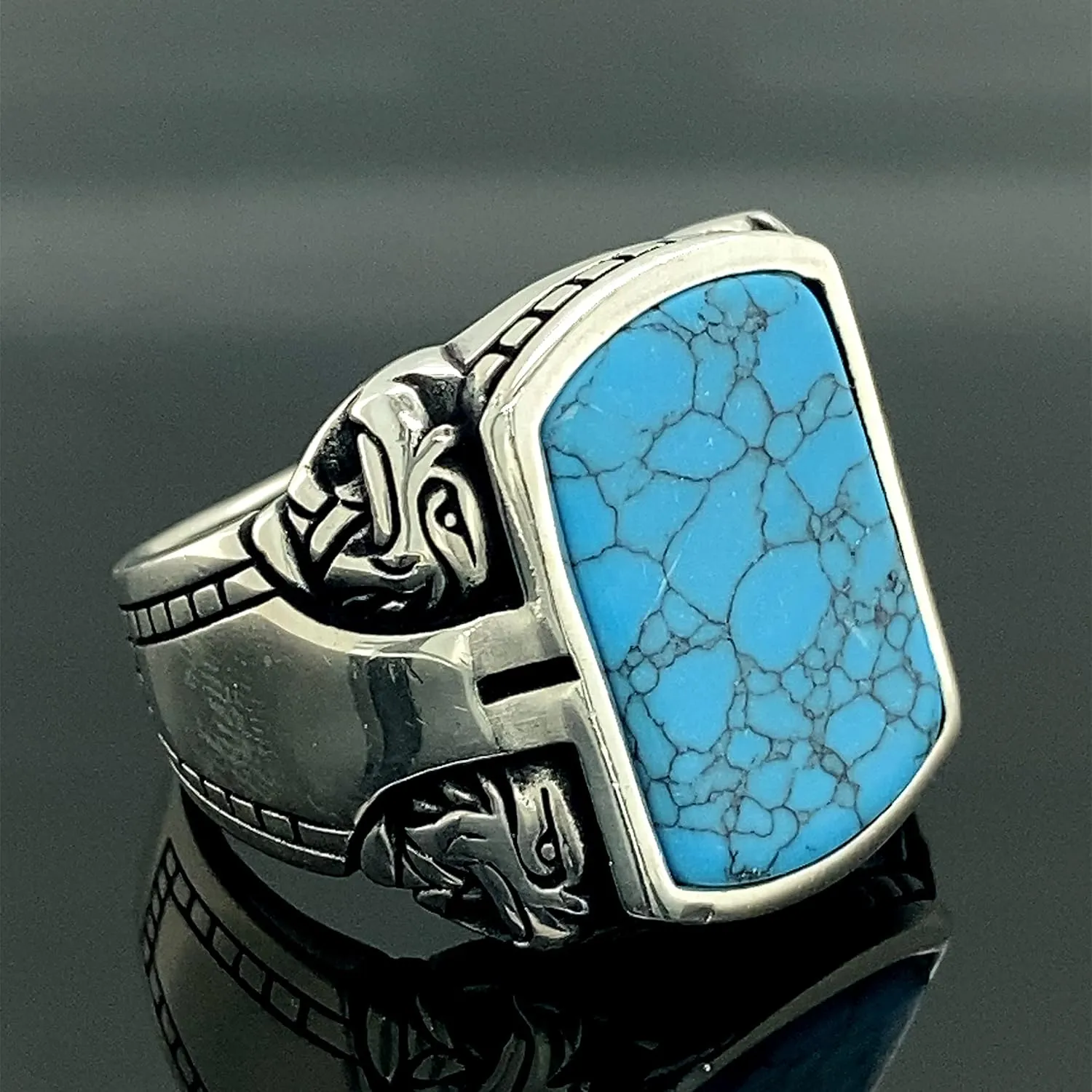 Men Handmade Silver Ring, Turquoise Stone, Natural Turquoise Gemstone Ring, Handcrafted Ottoman Men Ring, Gift for Him