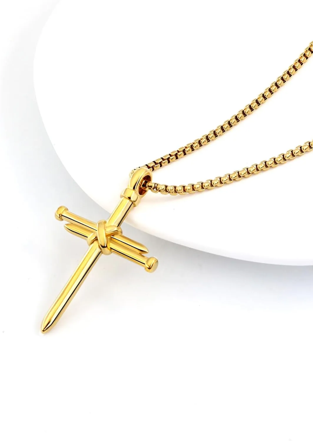 Men Religious Jewelry Stainless Steel/Black Metal/18K Gold Plated 22 Inch Box Rope Chain Nail Cross Pendant/Virgin Mary Medal/St. Benedict/St. Christopher Necklaces for Christmas Birthday