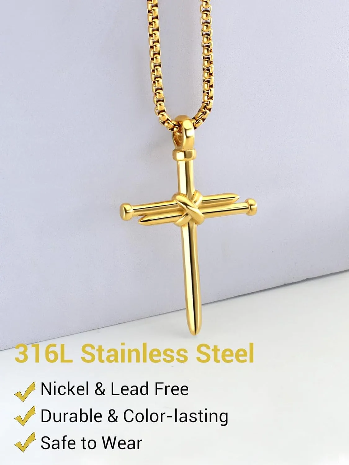 Men Religious Jewelry Stainless Steel/Black Metal/18K Gold Plated 22 Inch Box Rope Chain Nail Cross Pendant/Virgin Mary Medal/St. Benedict/St. Christopher Necklaces for Christmas Birthday