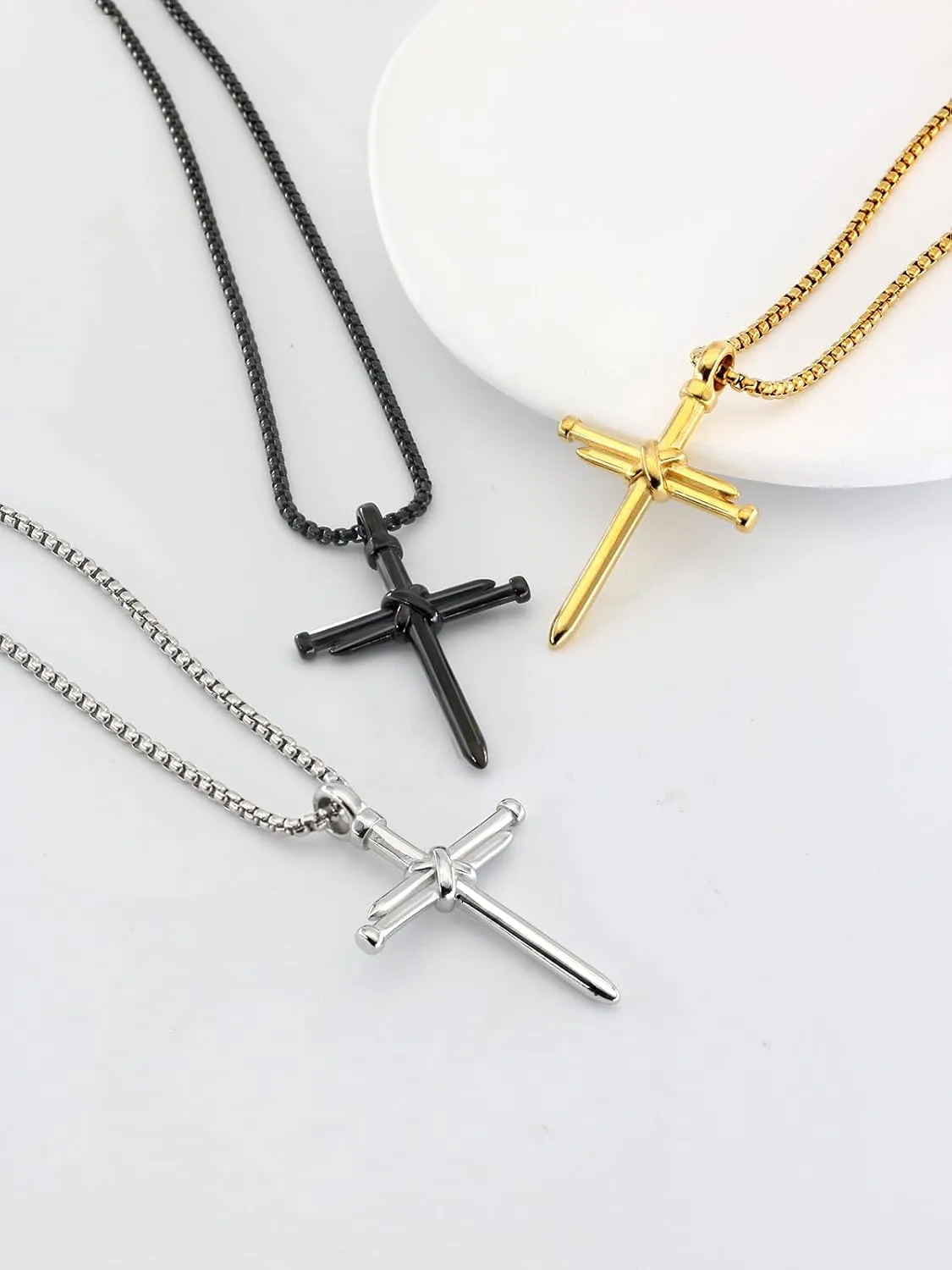Men Religious Jewelry Stainless Steel/Black Metal/18K Gold Plated 22 Inch Box Rope Chain Nail Cross Pendant/Virgin Mary Medal/St. Benedict/St. Christopher Necklaces for Christmas Birthday