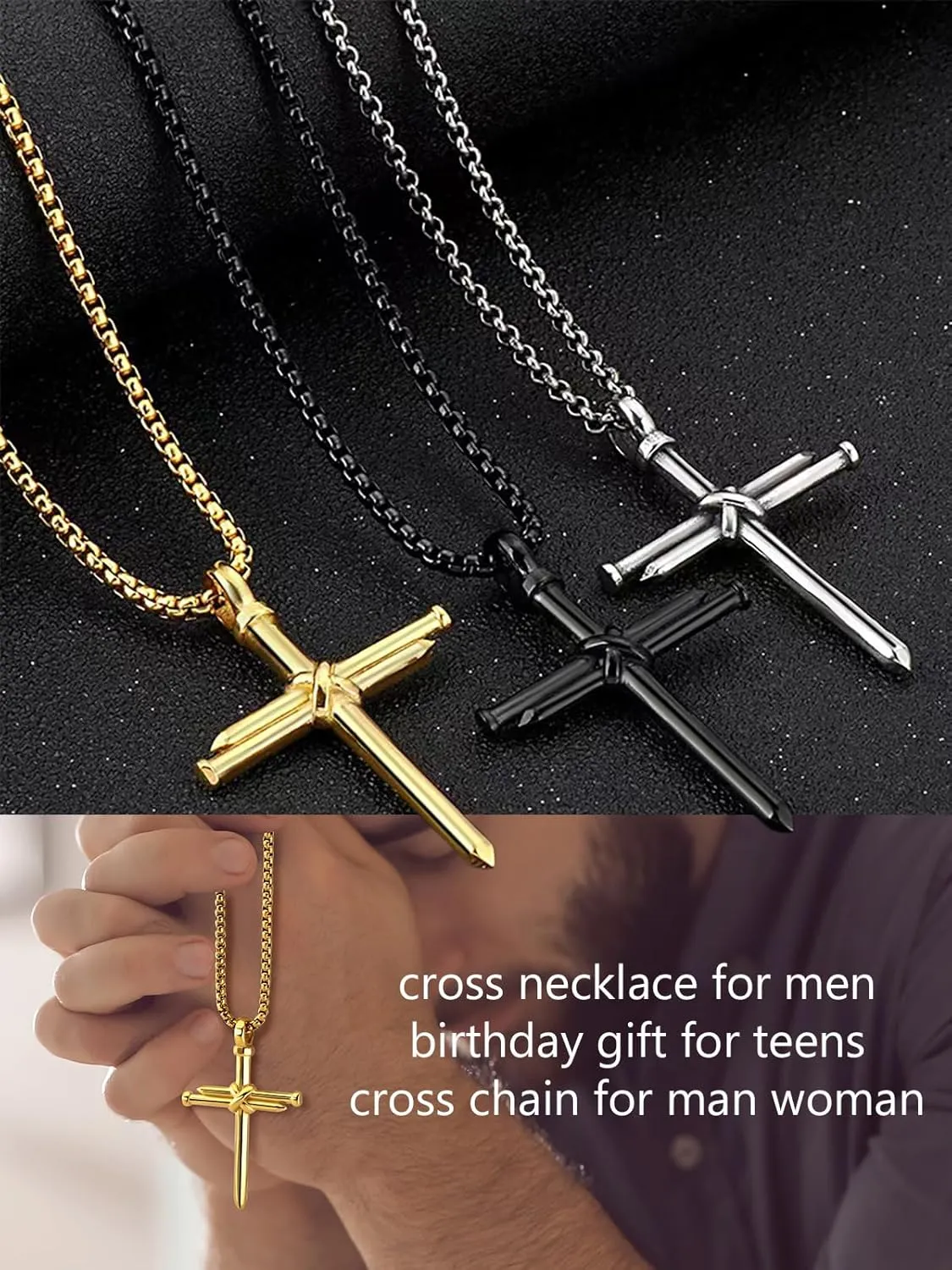 Men Religious Jewelry Stainless Steel/Black Metal/18K Gold Plated 22 Inch Box Rope Chain Nail Cross Pendant/Virgin Mary Medal/St. Benedict/St. Christopher Necklaces for Christmas Birthday